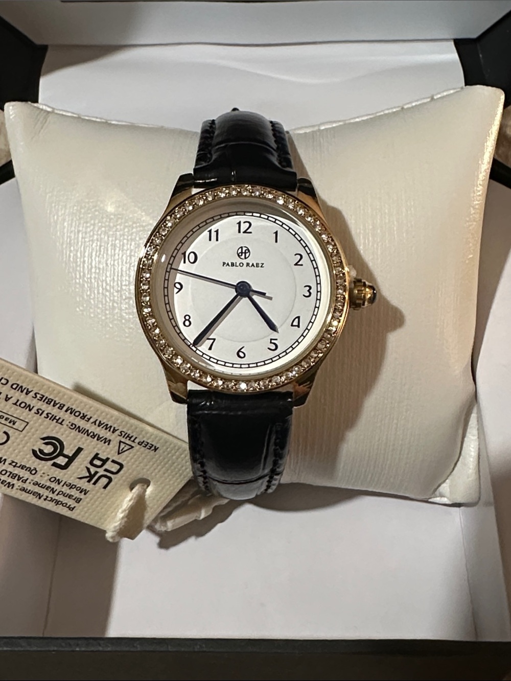 Pablo Raez Gold Crystal Bezel Wristwatch with Black Leather Strap
